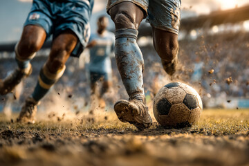 Players aggressively challenge for the soccer ball in a mid-field clash. Dust and dirt fly as a packed stadium supports the teams. Concept of sports competition, athleticism, teamwork