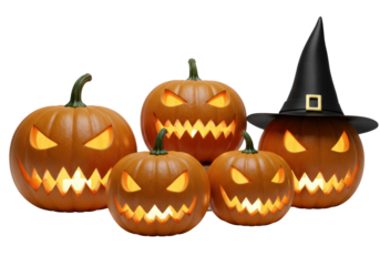 Five glowing jack-o'-lanterns with carved faces, sharp teeth, two wearing witch hats, on a transparent studio background, high-key Halloween festivity concept