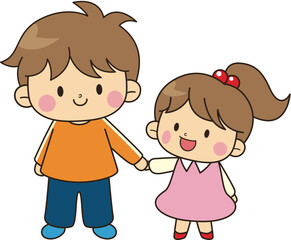 Cute Kids Holding Hands – Cartoon Boy and Girl Vector Illustration