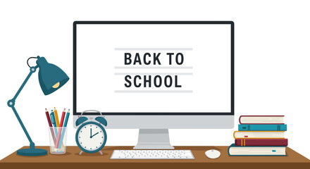 Back to school email header with computer, desk lamp, and books , white background, isolated, vector 