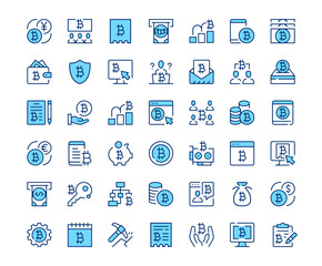 Bitcoin icons. Vector line icon set. Modern outline design. Blue concept