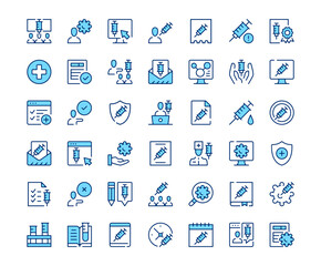 Vaccine icons. Vector line icon set. Modern outline design. Blue concept