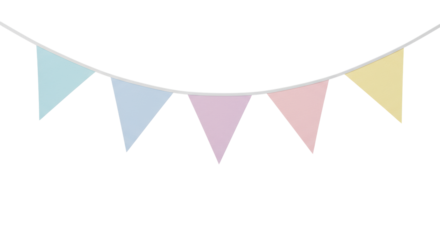 A string of pastel triangular bunting flags with subtle woven texture, evenly spaced on a thin white string, against a transparent minimalist studio background with soft drop shadow, cheerful