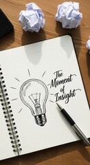 Sketch of a lightbulb with text The Moment of Insight on a notebook page with crumpled paper and a pen