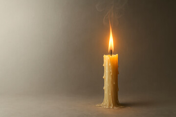 One burning candle against the background of a gray wall. Space for text.
