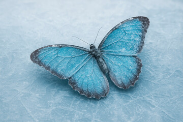 A blue butterfly with frost on its wings on ice.