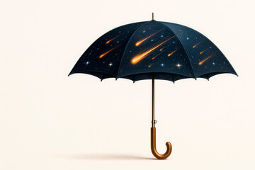 Umbrella with falling meteors and stars on the night background. Space for text.