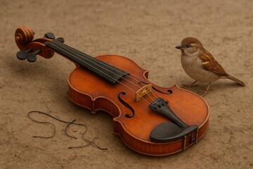 A sparrow next to a violin with a broken string.