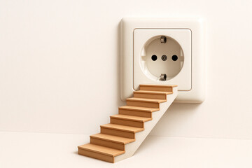 A staircase leading to an electrical outlet on a white background. Space for text.