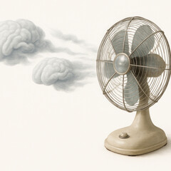 A fan with streams of clouds in the shape of a brain on a white background. Space for text.