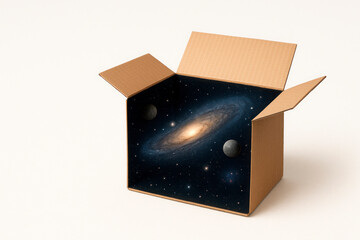 A cardboard box with a galaxy inside, space in a package. Space for text.