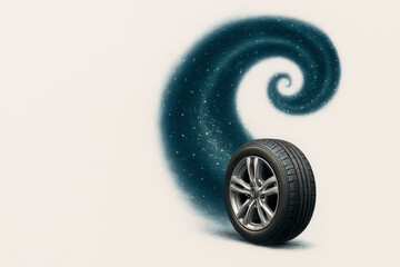 A car wheel with a cosmic footprint, a journey into the universe. Space for text.