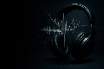 Headphones with visible sound waves on a black background. Space for text.