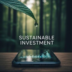 Smartphone displaying financial graph with water drop on leaf in forest background business finance