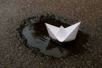 A paper boat in a puddle on the asphalt. Space for text.