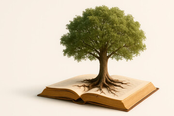 A tree grows from an open book. Space for text.