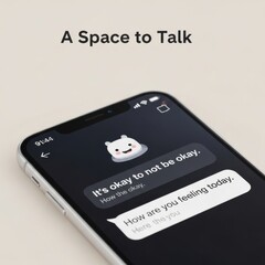 Smartphone screen displaying mental health chat with cute character and supportive messages mobile phone