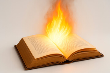An open book with fire and flame on the pages.