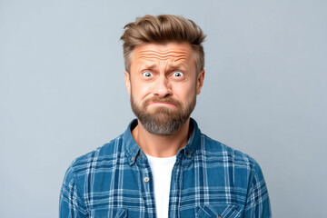 Obraz premium Man shows a confused expression with wide eyes and furrowed brow. Minimalist grey background setting emphasizing emotions. Concept of reactions, mental health awareness, emotional expression