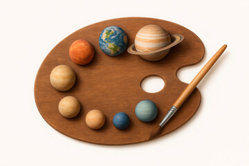 The artist's palette with the planets of the solar system instead of paints.