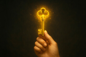 A hand holds a golden shining key on a dark background. Space for text.