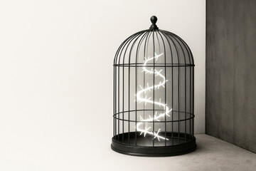 A cage with barbed wire of light inside, minimalism. Space for text.