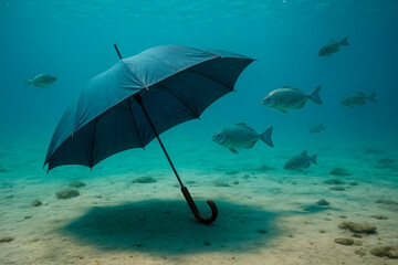 Underwater umbrella on the seabed among fish, surrealism.