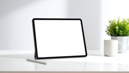 Tablet on white desk, blank screen, simple workspace