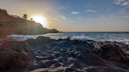 Playa de la Arena, Canary Islands, Tenerife, Spain. Beach with black volcanic sand. Atlantic coast.