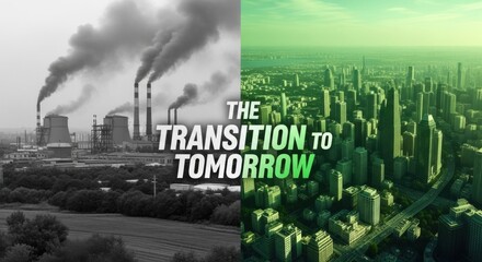 Split image showing industrial pollution transitioning to a green futuristic city factory smoke stacks