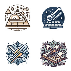 Tile cutter and measuring tools in vintage line art style  