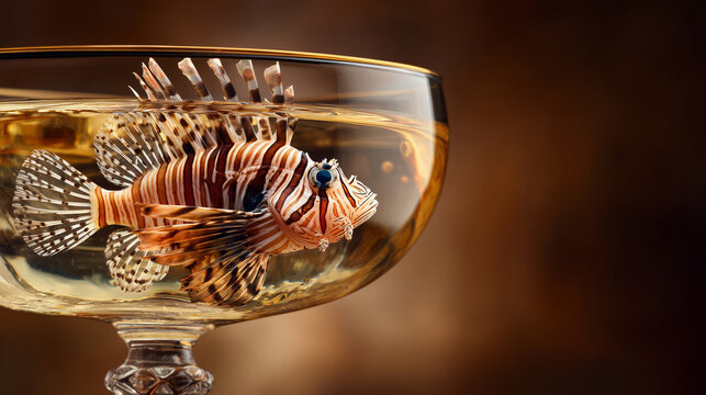Close-up of a cocktail glass with a tiny tigerfish baring its teeth