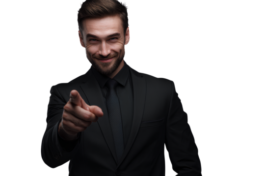 Stylish Male Executive in Black Suit Leaning Slightly While Gesturing Forward, Three-Quarter View, Transparent Background. - Powered by Adobe