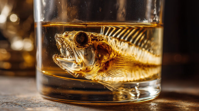 Close-up of a rocks glass with a small fangtooth fish suspended
