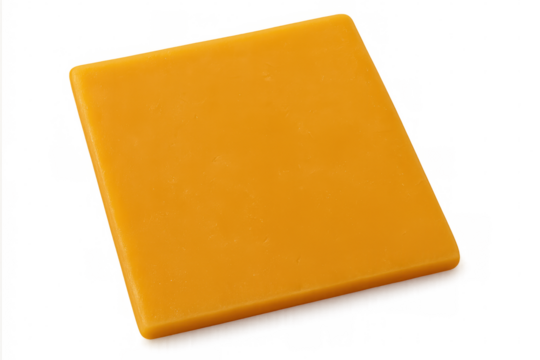 Bright orange square cheese slice displayed on a transparent background, highlighting its smooth texture and vibrant color
