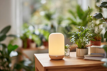 Fototapeta premium Cozy nook featuring an aromatherapy diffuser and lush greenery in a serene environment
