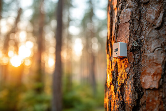 Forest fire detection system installed on tree in serene woodland during golden hour