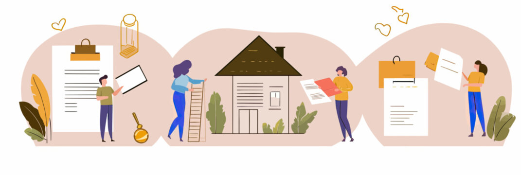 Flat minimalist vector illustration of diverse people reviewing documents, measuring house, and preparing contract for property purchase and mortgage approval process