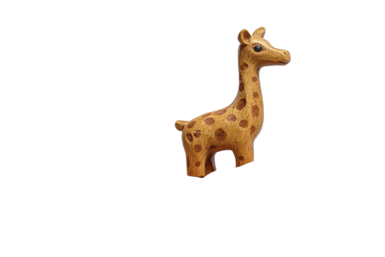 Charming handcrafted wooden giraffe statuette displayed on white background
