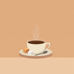 Fototapeta premium illustration cup coffee beige background cup white handle placed saucer spoon next cup small piece chocolate small cube sugar coffee steaming indicating freshly brewed overall color scheme warm