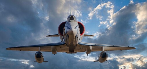 Fighter jet flying at you among the clouds