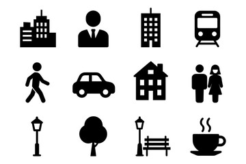 Simple icon set featuring urban life, transportation, and daily activities