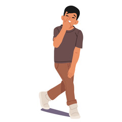 Funny comic boy child cartoon character grimacing touching nose with finger isolated on white