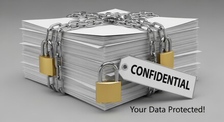 Stack of White Papers Secured with Silver Chain and Gold Padlocks with Confidential Tag data security