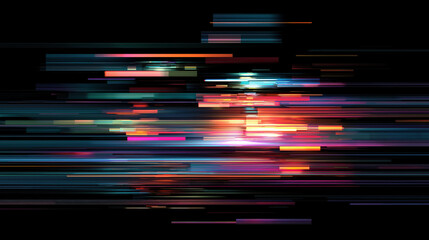 Colorful digital glitch texture with horizontal lines and vibrant neon light effects, creating dynamic and futuristic abstract background with sense of motion and energy