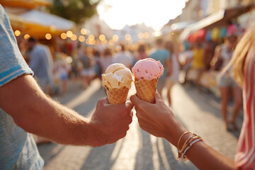 Couple enjoys ice cream cones while strolling hand-in-hand at a bustling street market during sunset