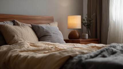 Cozy room featuring a bed with soft bedding, nightstand, and lamp. Focus on home textiles