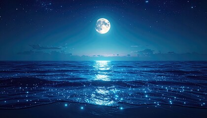 Pixelated Moonlit Ocean Horizon With Bioluminescent Glow At Night