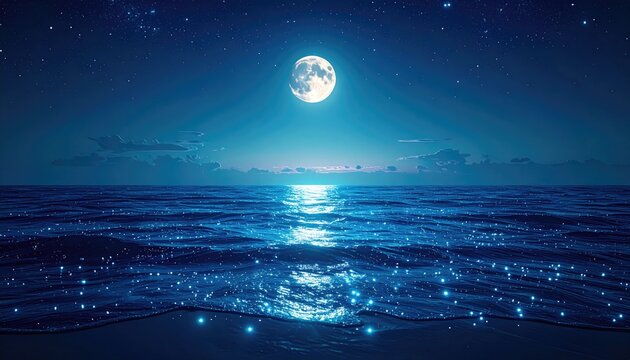 Pixelated Moonlit Ocean Horizon With Bioluminescent Glow At Night