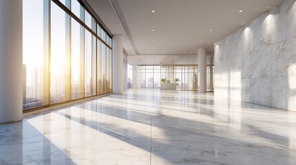 Modern office hallway with city view
